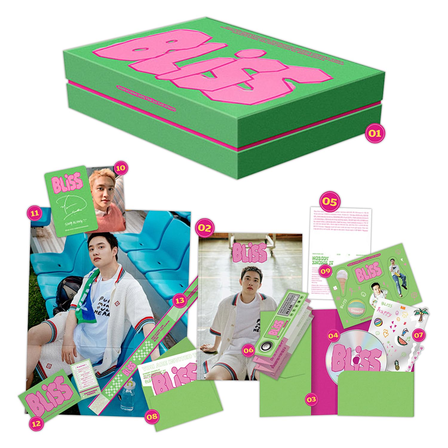 EXO D.O. - The 1st Full Album BLISS ALONG Ver. Outbox + Photobook + Paper Sleeve R + Lyric card + Tattoo Sticker + Folded Poster + 2 Extra Photocards