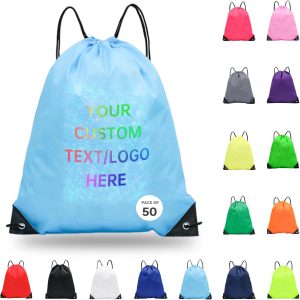 pack of 50 Custom Bags With Your Logo,Drawstring Backpacks Bulk String Bag,Great for Travelling, Gym and for Everyday Use (Custom Sky Blue)