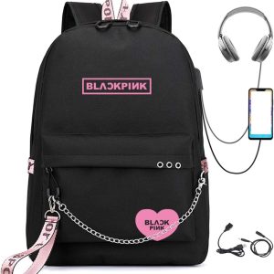 Kpop Backpack Black，Pink Shouler Bag Messenger Bag Fashion USB Charging Backpack (black 5)